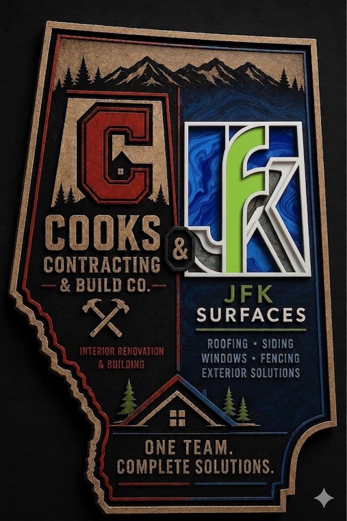 JFK Surfaces × Cook's Contracting partnership announcement poster — Alberta-shaped, One Team Complete Solutions